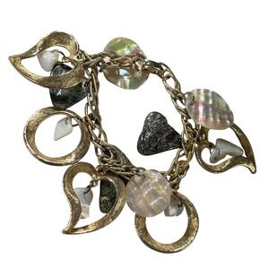 Charm Bracelet Gold Tone Mother of Pearl Abalone Heart Circle Vintage Chunky